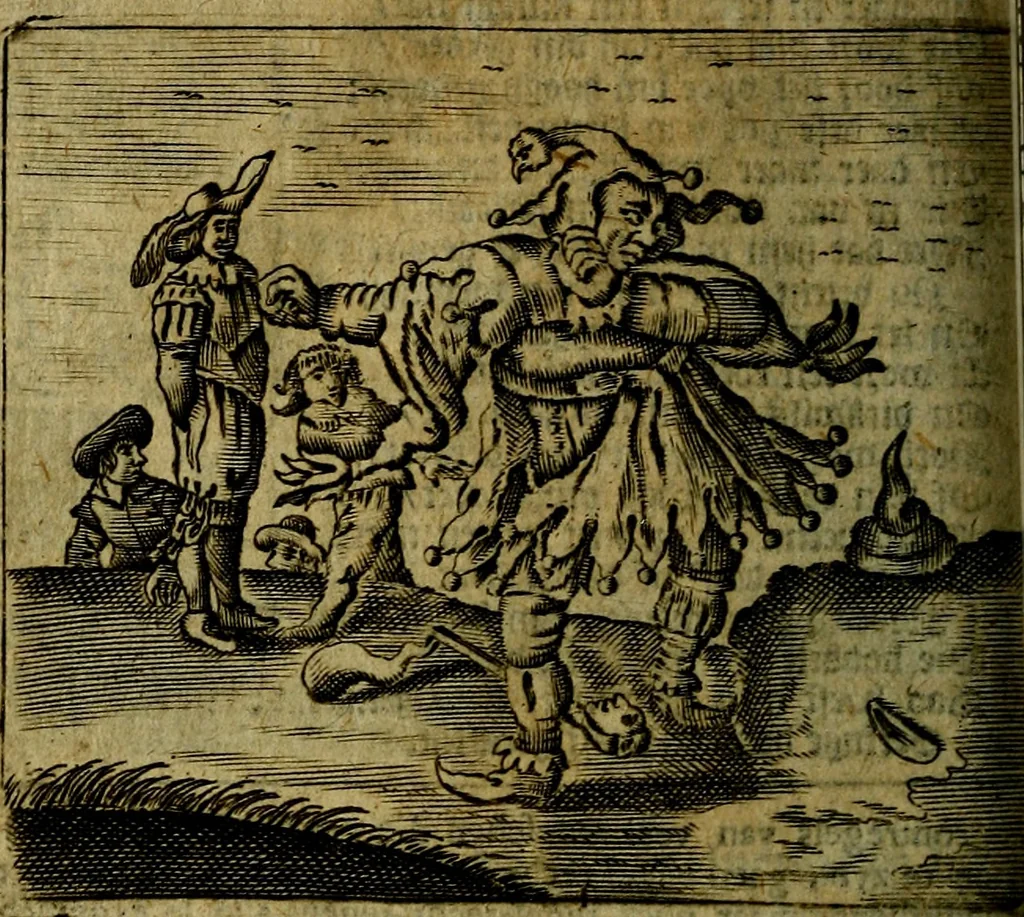 An illustration from Spiegel van den Ouden en Nieuwen Tydt, : bestaande uyt spreekwoorden, ontleent van de voorige en jegenwoordige eeuwe, verlustiget door meenigte van sinnebeelden, met gedichten en prenten daar op passende. : Vermeerdert met groote meenigte van spreekwoorden, door geheel het werk, met byvoeginge van nieuwe platen eu gedichten : alles in de nederlandsche tale ten gerieve van de liefhebbers der zelver,, 1690, leaf 269