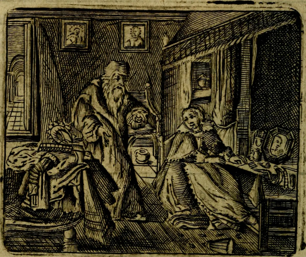 An illustration from Spiegel van den Ouden en Nieuwen Tydt, : bestaande uyt spreekwoorden, ontleent van de voorige en jegenwoordige eeuwe, verlustiget door meenigte van sinnebeelden, met gedichten en prenten daar op passende. : Vermeerdert met groote meenigte van spreekwoorden, door geheel het werk, met byvoeginge van nieuwe platen eu gedichten : alles in de nederlandsche tale ten gerieve van de liefhebbers der zelver,, 1690, leaf 27