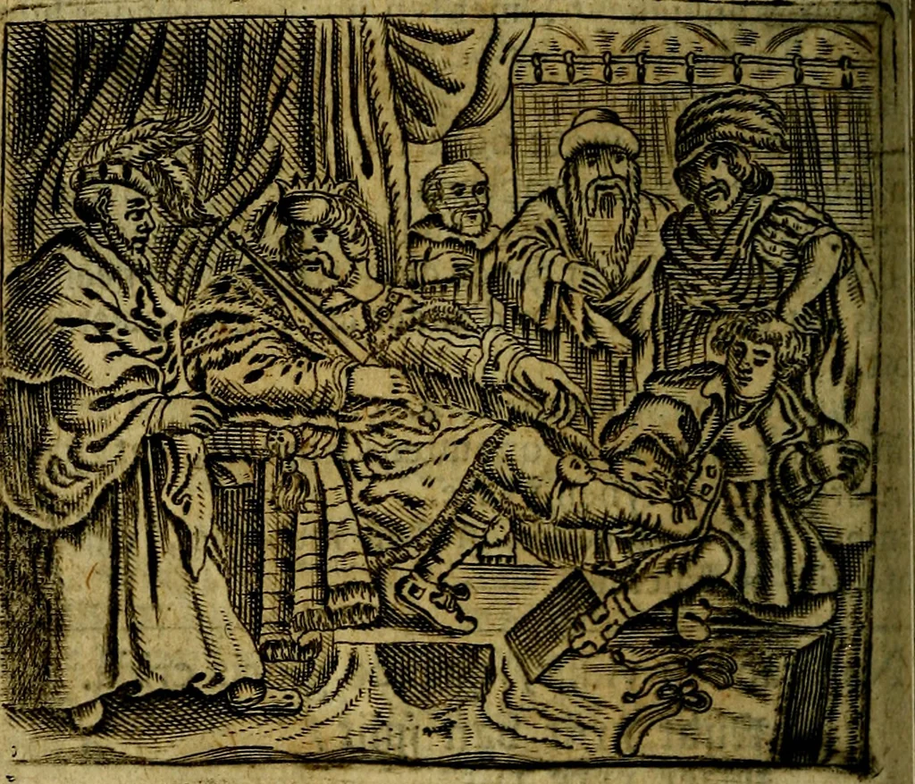 An illustration from Spiegel van den Ouden en Nieuwen Tydt, : bestaande uyt spreekwoorden, ontleent van de voorige en jegenwoordige eeuwe, verlustiget door meenigte van sinnebeelden, met gedichten en prenten daar op passende. : Vermeerdert met groote meenigte van spreekwoorden, door geheel het werk, met byvoeginge van nieuwe platen eu gedichten : alles in de nederlandsche tale ten gerieve van de liefhebbers der zelver,, 1690, leaf 271