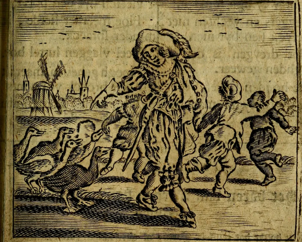 An illustration from Spiegel van den Ouden en Nieuwen Tydt, : bestaande uyt spreekwoorden, ontleent van de voorige en jegenwoordige eeuwe, verlustiget door meenigte van sinnebeelden, met gedichten en prenten daar op passende. : Vermeerdert met groote meenigte van spreekwoorden, door geheel het werk, met byvoeginge van nieuwe platen eu gedichten : alles in de nederlandsche tale ten gerieve van de liefhebbers der zelver,, 1690, leaf 280