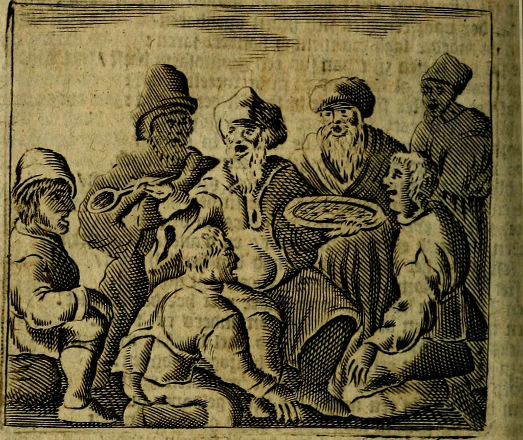 An illustration from Spiegel van den Ouden en Nieuwen Tydt, : bestaande uyt spreekwoorden, ontleent van de voorige en jegenwoordige eeuwe, verlustiget door meenigte van sinnebeelden, met gedichten en prenten daar op passende. : Vermeerdert met groote meenigte van spreekwoorden, door geheel het werk, met byvoeginge van nieuwe platen eu gedichten : alles in de nederlandsche tale ten gerieve van de liefhebbers der zelver,, 1690, leaf 283