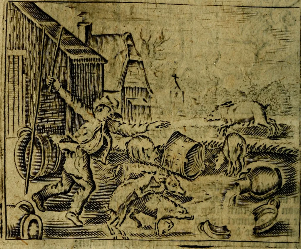 An illustration from Spiegel van den Ouden en Nieuwen Tydt, : bestaande uyt spreekwoorden, ontleent van de voorige en jegenwoordige eeuwe, verlustiget door meenigte van sinnebeelden, met gedichten en prenten daar op passende. : Vermeerdert met groote meenigte van spreekwoorden, door geheel het werk, met byvoeginge van nieuwe platen eu gedichten : alles in de nederlandsche tale ten gerieve van de liefhebbers der zelver,, 1690, leaf 297