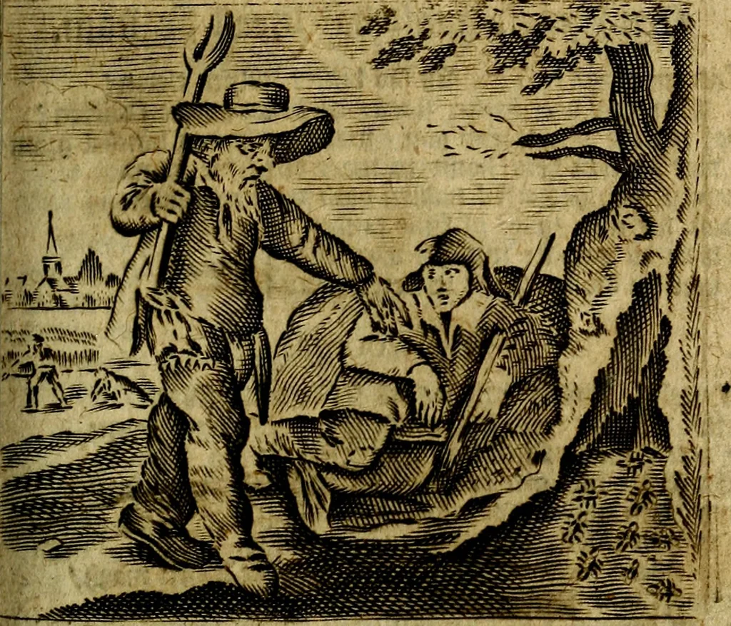 An illustration from Spiegel van den Ouden en Nieuwen Tydt, : bestaande uyt spreekwoorden, ontleent van de voorige en jegenwoordige eeuwe, verlustiget door meenigte van sinnebeelden, met gedichten en prenten daar op passende. : Vermeerdert met groote meenigte van spreekwoorden, door geheel het werk, met byvoeginge van nieuwe platen eu gedichten : alles in de nederlandsche tale ten gerieve van de liefhebbers der zelver,, 1690, leaf 306