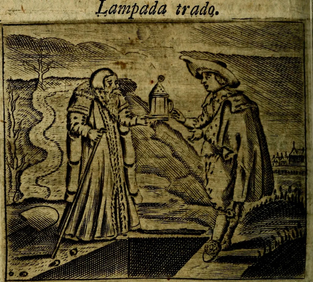 An illustration from Spiegel van den Ouden en Nieuwen Tydt, : bestaande uyt spreekwoorden, ontleent van de voorige en jegenwoordige eeuwe, verlustiget door meenigte van sinnebeelden, met gedichten en prenten daar op passende. : Vermeerdert met groote meenigte van spreekwoorden, door geheel het werk, met byvoeginge van nieuwe platen eu gedichten : alles in de nederlandsche tale ten gerieve van de liefhebbers der zelver,, 1690, leaf 315