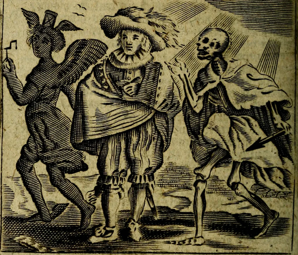 An illustration from Spiegel van den Ouden en Nieuwen Tydt, : bestaande uyt spreekwoorden, ontleent van de voorige en jegenwoordige eeuwe, verlustiget door meenigte van sinnebeelden, met gedichten en prenten daar op passende. : Vermeerdert met groote meenigte van spreekwoorden, door geheel het werk, met byvoeginge van nieuwe platen eu gedichten : alles in de nederlandsche tale ten gerieve van de liefhebbers der zelver,, 1690, leaf 325