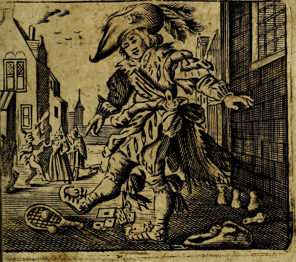 An illustration from Spiegel van den Ouden en Nieuwen Tydt, : bestaande uyt spreekwoorden, ontleent van de voorige en jegenwoordige eeuwe, verlustiget door meenigte van sinnebeelden, met gedichten en prenten daar op passende. : Vermeerdert met groote meenigte van spreekwoorden, door geheel het werk, met byvoeginge van nieuwe platen eu gedichten : alles in de nederlandsche tale ten gerieve van de liefhebbers der zelver,, 1690, leaf 36