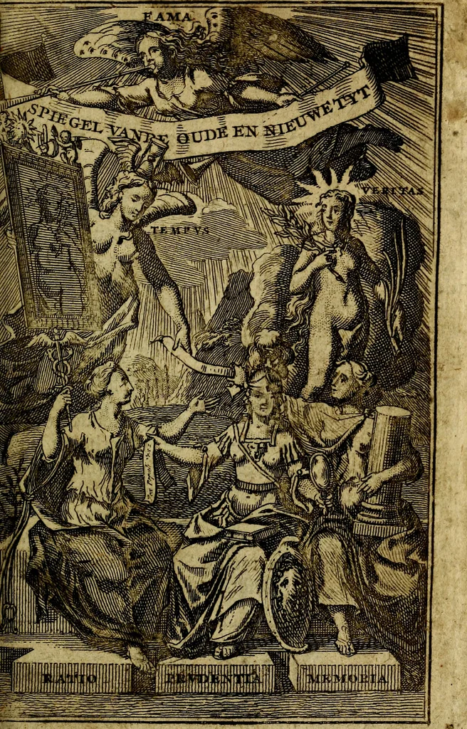 An illustration from Spiegel van den Ouden en Nieuwen Tydt, : bestaande uyt spreekwoorden, ontleent van de voorige en jegenwoordige eeuwe, verlustiget door meenigte van sinnebeelden, met gedichten en prenten daar op passende. : Vermeerdert met groote meenigte van spreekwoorden, door geheel het werk, met byvoeginge van nieuwe platen eu gedichten : alles in de nederlandsche tale ten gerieve van de liefhebbers der zelver,, 1690, leaf 4