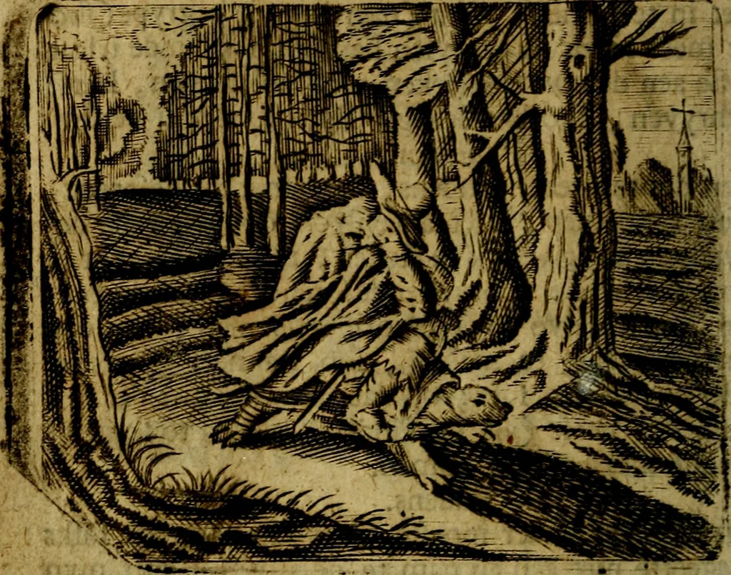 An illustration from Spiegel van den Ouden en Nieuwen Tydt, : bestaande uyt spreekwoorden, ontleent van de voorige en jegenwoordige eeuwe, verlustiget door meenigte van sinnebeelden, met gedichten en prenten daar op passende. : Vermeerdert met groote meenigte van spreekwoorden, door geheel het werk, met byvoeginge van nieuwe platen eu gedichten : alles in de nederlandsche tale ten gerieve van de liefhebbers der zelver,, 1690, leaf 47