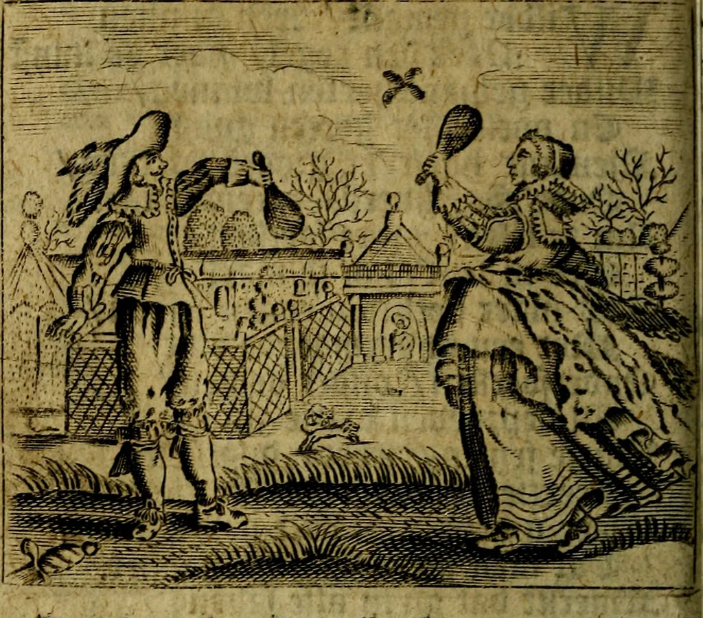 An illustration from Spiegel van den Ouden en Nieuwen Tydt, : bestaande uyt spreekwoorden, ontleent van de voorige en jegenwoordige eeuwe, verlustiget door meenigte van sinnebeelden, met gedichten en prenten daar op passende. : Vermeerdert met groote meenigte van spreekwoorden, door geheel het werk, met byvoeginge van nieuwe platen eu gedichten : alles in de nederlandsche tale ten gerieve van de liefhebbers der zelver,, 1690, leaf 67