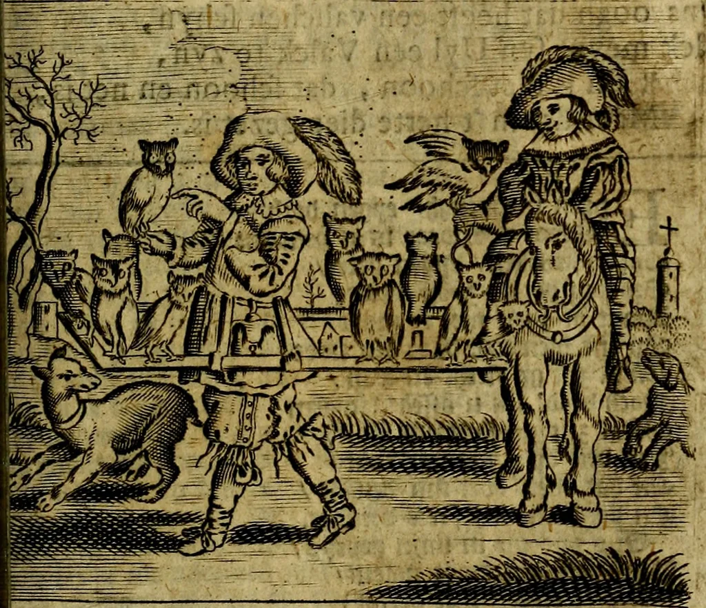 An illustration from Spiegel van den Ouden en Nieuwen Tydt, : bestaande uyt spreekwoorden, ontleent van de voorige en jegenwoordige eeuwe, verlustiget door meenigte van sinnebeelden, met gedichten en prenten daar op passende. : Vermeerdert met groote meenigte van spreekwoorden, door geheel het werk, met byvoeginge van nieuwe platen eu gedichten : alles in de nederlandsche tale ten gerieve van de liefhebbers der zelver,, 1690, leaf 68