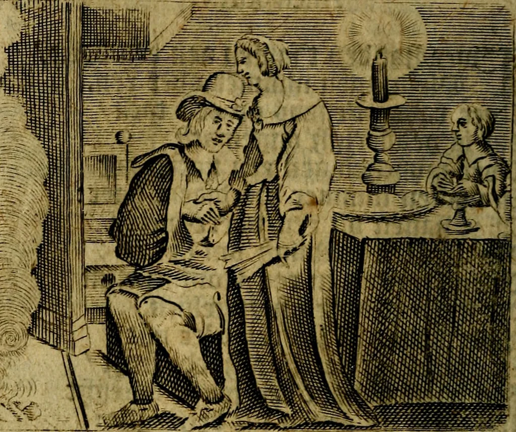 An illustration from Spiegel van den Ouden en Nieuwen Tydt, : bestaande uyt spreekwoorden, ontleent van de voorige en jegenwoordige eeuwe, verlustiget door meenigte van sinnebeelden, met gedichten en prenten daar op passende. : Vermeerdert met groote meenigte van spreekwoorden, door geheel het werk, met byvoeginge van nieuwe platen eu gedichten : alles in de nederlandsche tale ten gerieve van de liefhebbers der zelver,, 1690, leaf 73