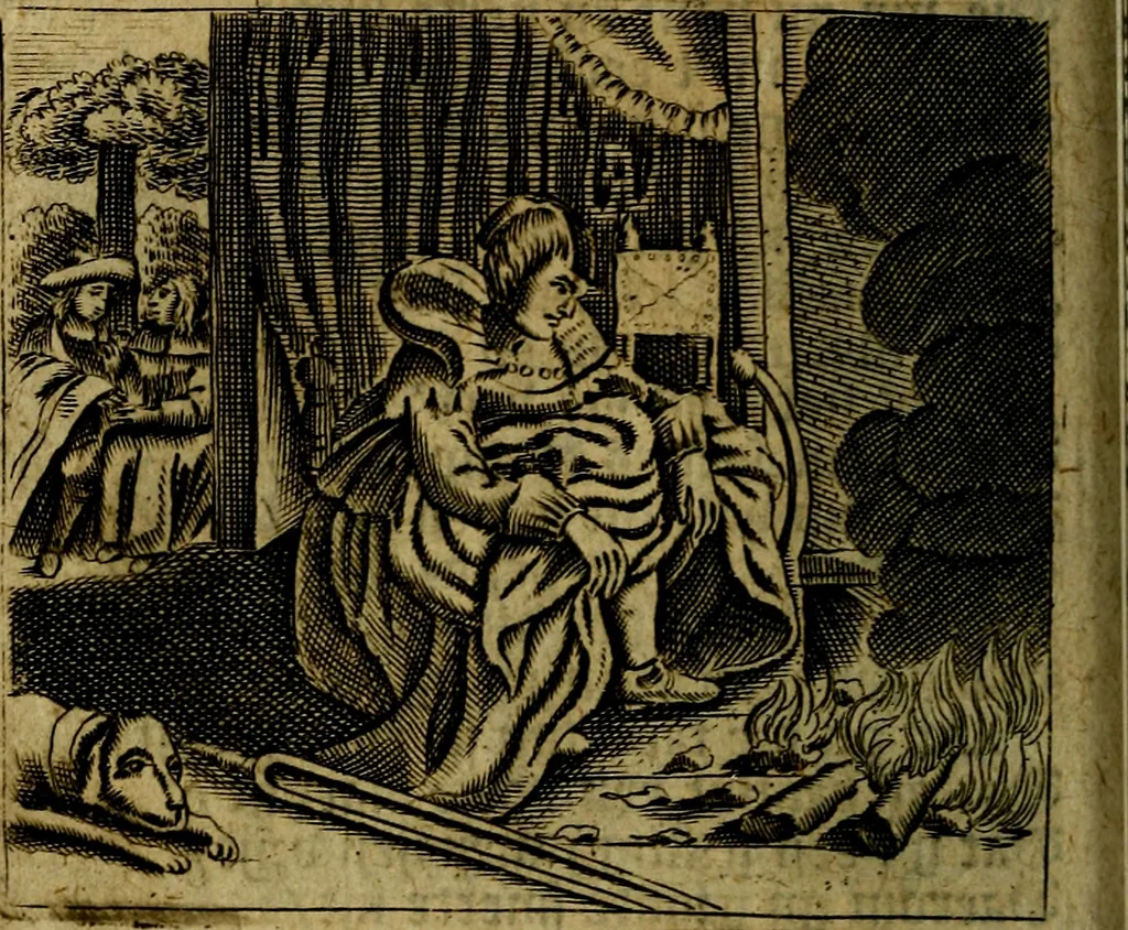 An illustration from Spiegel van den Ouden en Nieuwen Tydt, : bestaande uyt spreekwoorden, ontleent van de voorige en jegenwoordige eeuwe, verlustiget door meenigte van sinnebeelden, met gedichten en prenten daar op passende. : Vermeerdert met groote meenigte van spreekwoorden, door geheel het werk, met byvoeginge van nieuwe platen eu gedichten : alles in de nederlandsche tale ten gerieve van de liefhebbers der zelver,, 1690, leaf 75