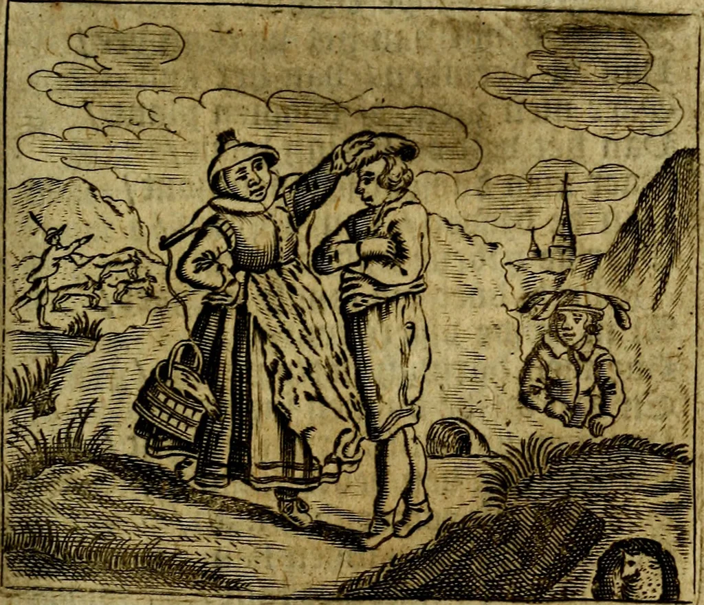 An illustration from Spiegel van den Ouden en Nieuwen Tydt, : bestaande uyt spreekwoorden, ontleent van de voorige en jegenwoordige eeuwe, verlustiget door meenigte van sinnebeelden, met gedichten en prenten daar op passende. : Vermeerdert met groote meenigte van spreekwoorden, door geheel het werk, met byvoeginge van nieuwe platen eu gedichten : alles in de nederlandsche tale ten gerieve van de liefhebbers der zelver,, 1690, leaf 76