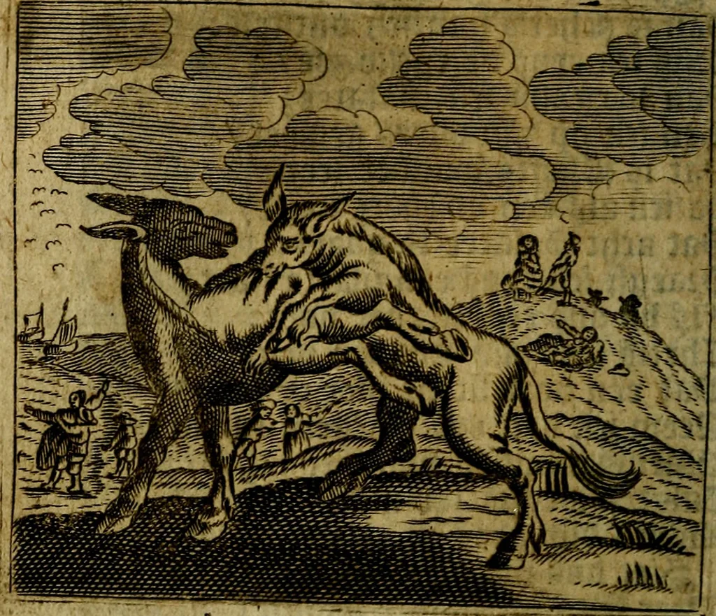 An illustration from Spiegel van den Ouden en Nieuwen Tydt, : bestaande uyt spreekwoorden, ontleent van de voorige en jegenwoordige eeuwe, verlustiget door meenigte van sinnebeelden, met gedichten en prenten daar op passende. : Vermeerdert met groote meenigte van spreekwoorden, door geheel het werk, met byvoeginge van nieuwe platen eu gedichten : alles in de nederlandsche tale ten gerieve van de liefhebbers der zelver,, 1690, leaf 79