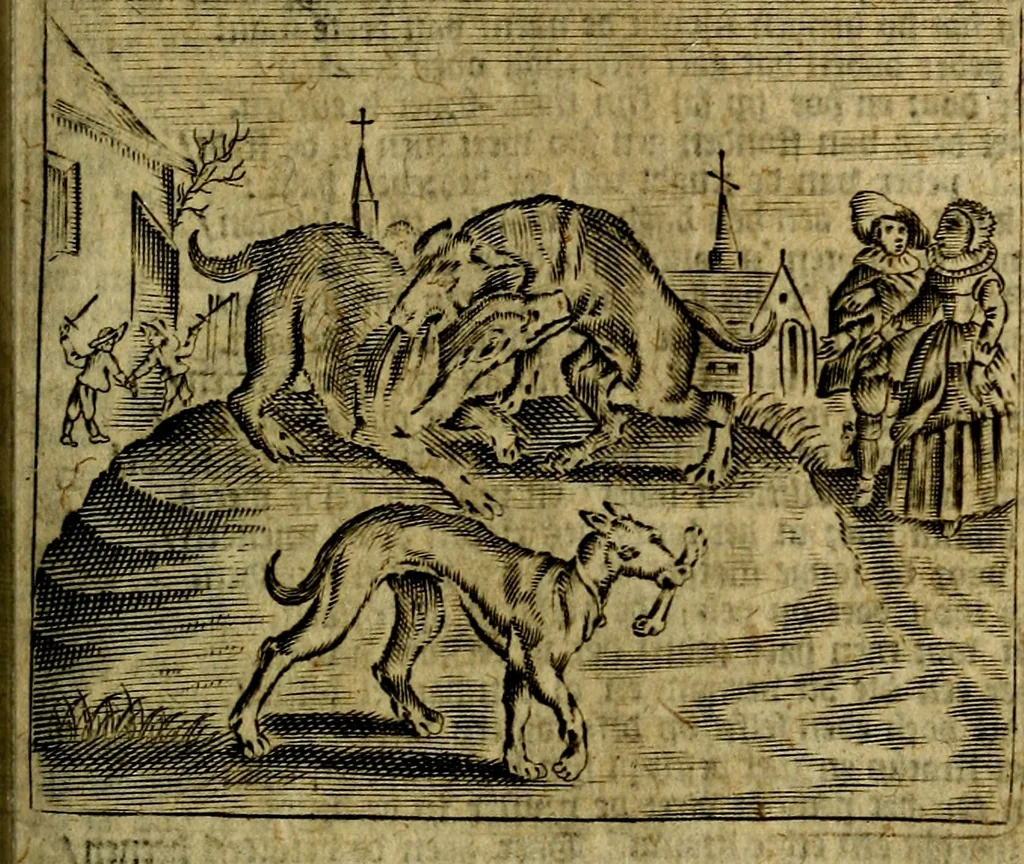An illustration from Spiegel van den Ouden en Nieuwen Tydt, : bestaande uyt spreekwoorden, ontleent van de voorige en jegenwoordige eeuwe, verlustiget door meenigte van sinnebeelden, met gedichten en prenten daar op passende. : Vermeerdert met groote meenigte van spreekwoorden, door geheel het werk, met byvoeginge van nieuwe platen eu gedichten : alles in de nederlandsche tale ten gerieve van de liefhebbers der zelver,, 1690, leaf 82