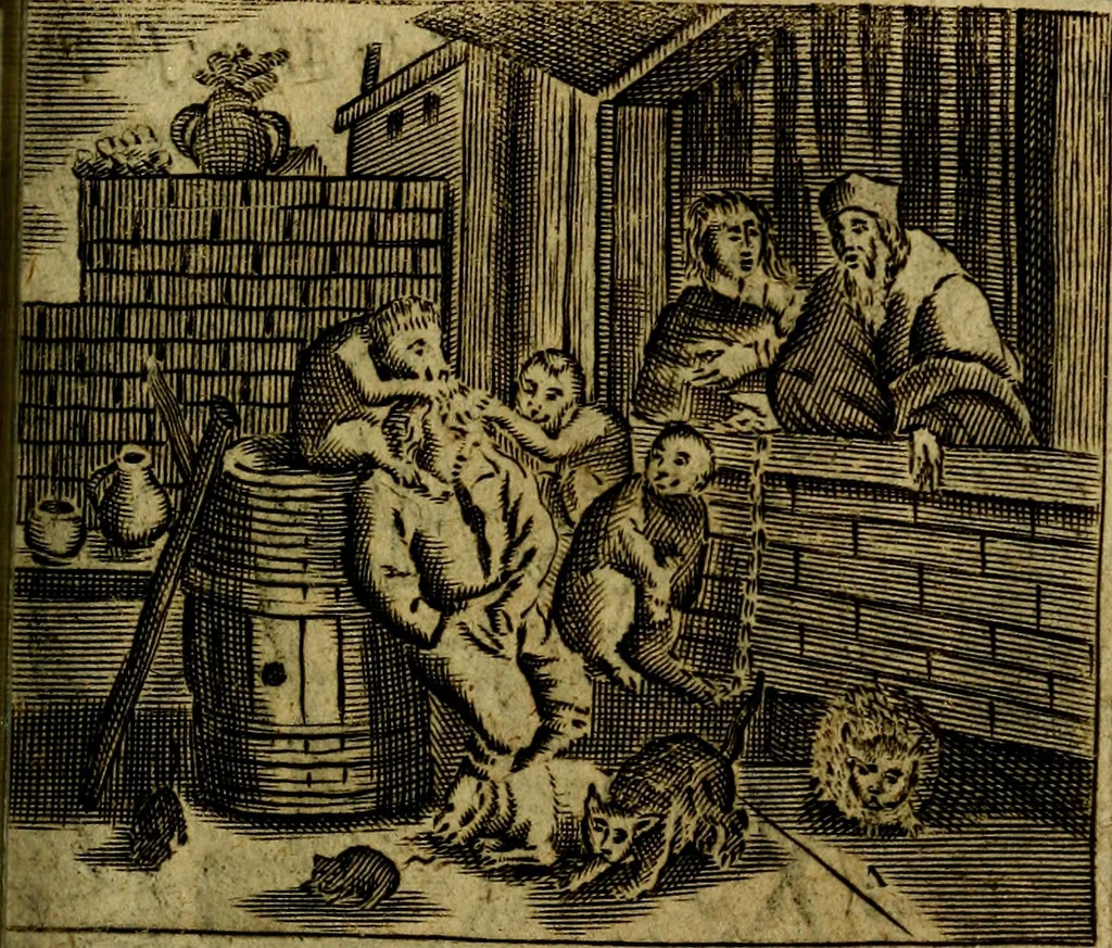 An illustration from Spiegel van den Ouden en Nieuwen Tydt, : bestaande uyt spreekwoorden, ontleent van de voorige en jegenwoordige eeuwe, verlustiget door meenigte van sinnebeelden, met gedichten en prenten daar op passende. : Vermeerdert met groote meenigte van spreekwoorden, door geheel het werk, met byvoeginge van nieuwe platen eu gedichten : alles in de nederlandsche tale ten gerieve van de liefhebbers der zelver,, 1690, leaf 86