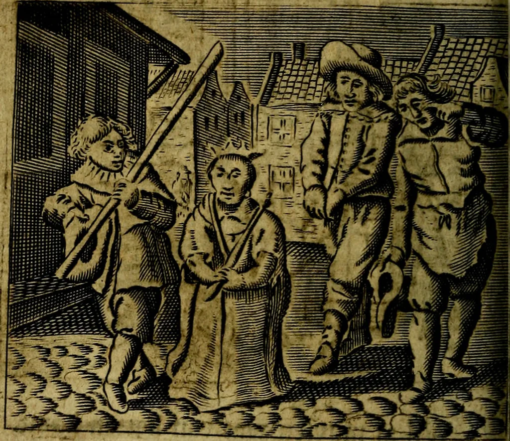An illustration from Spiegel van den Ouden en Nieuwen Tydt, : bestaande uyt spreekwoorden, ontleent van de voorige en jegenwoordige eeuwe, verlustiget door meenigte van sinnebeelden, met gedichten en prenten daar op passende. : Vermeerdert met groote meenigte van spreekwoorden, door geheel het werk, met byvoeginge van nieuwe platen eu gedichten : alles in de nederlandsche tale ten gerieve van de liefhebbers der zelver,, 1690, leaf 87