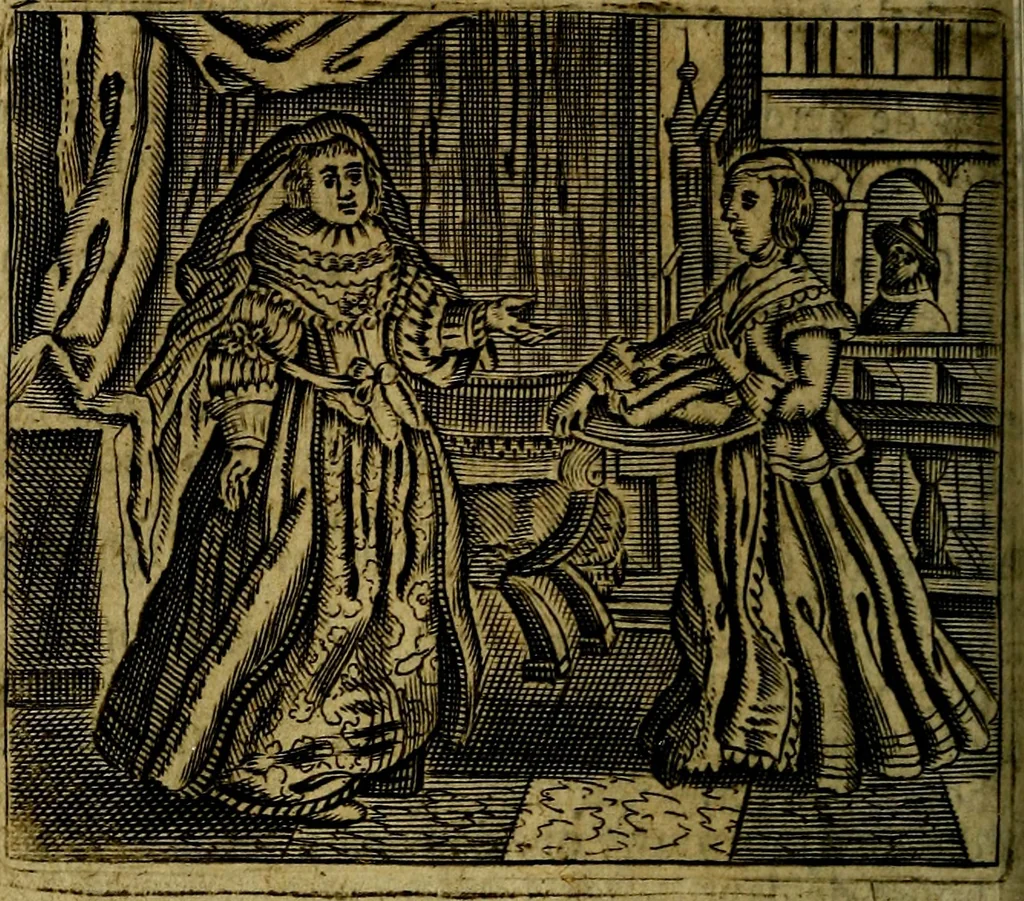 An illustration from Spiegel van den Ouden en Nieuwen Tydt, : bestaande uyt spreekwoorden, ontleent van de voorige en jegenwoordige eeuwe, verlustiget door meenigte van sinnebeelden, met gedichten en prenten daar op passende. : Vermeerdert met groote meenigte van spreekwoorden, door geheel het werk, met byvoeginge van nieuwe platen eu gedichten : alles in de nederlandsche tale ten gerieve van de liefhebbers der zelver,, 1690, leaf 95