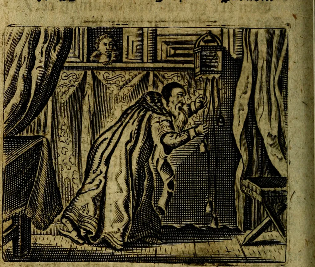 An illustration from Spiegel van den Ouden en Nieuwen Tydt, : bestaande uyt spreekwoorden, ontleent van de voorige en jegenwoordige eeuwe, verlustiget door meenigte van sinnebeelden, met gedichten en prenten daar op passende. : Vermeerdert met groote meenigte van spreekwoorden, door geheel het werk, met byvoeginge van nieuwe platen eu gedichten : alles in de nederlandsche tale ten gerieve van de liefhebbers der zelver,, 1690, leaf 97