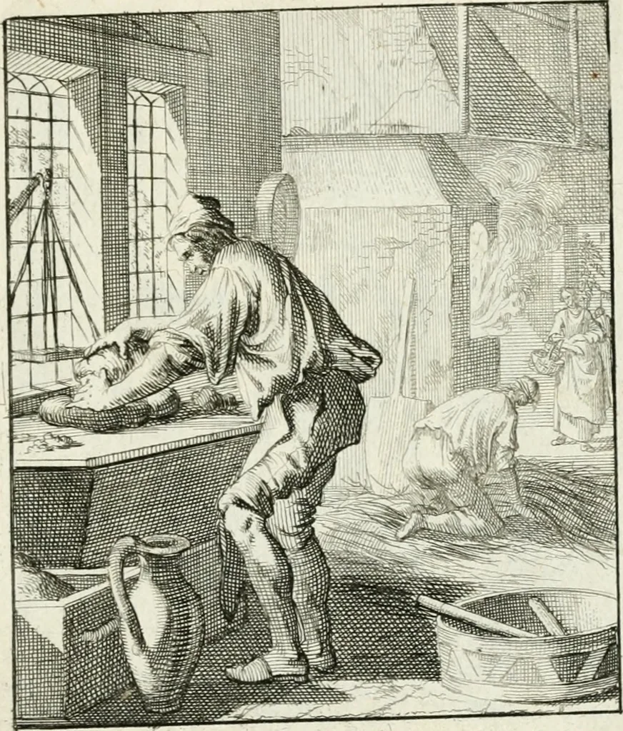An illustration from Spiegel van 't menschelyk bedryf : vertonende hondert-verscheyde ambagten zeer konstig afgebeeld en met zeer zinryke spreuken en stigtelyke versen verrykt, 1694, leaf 10
