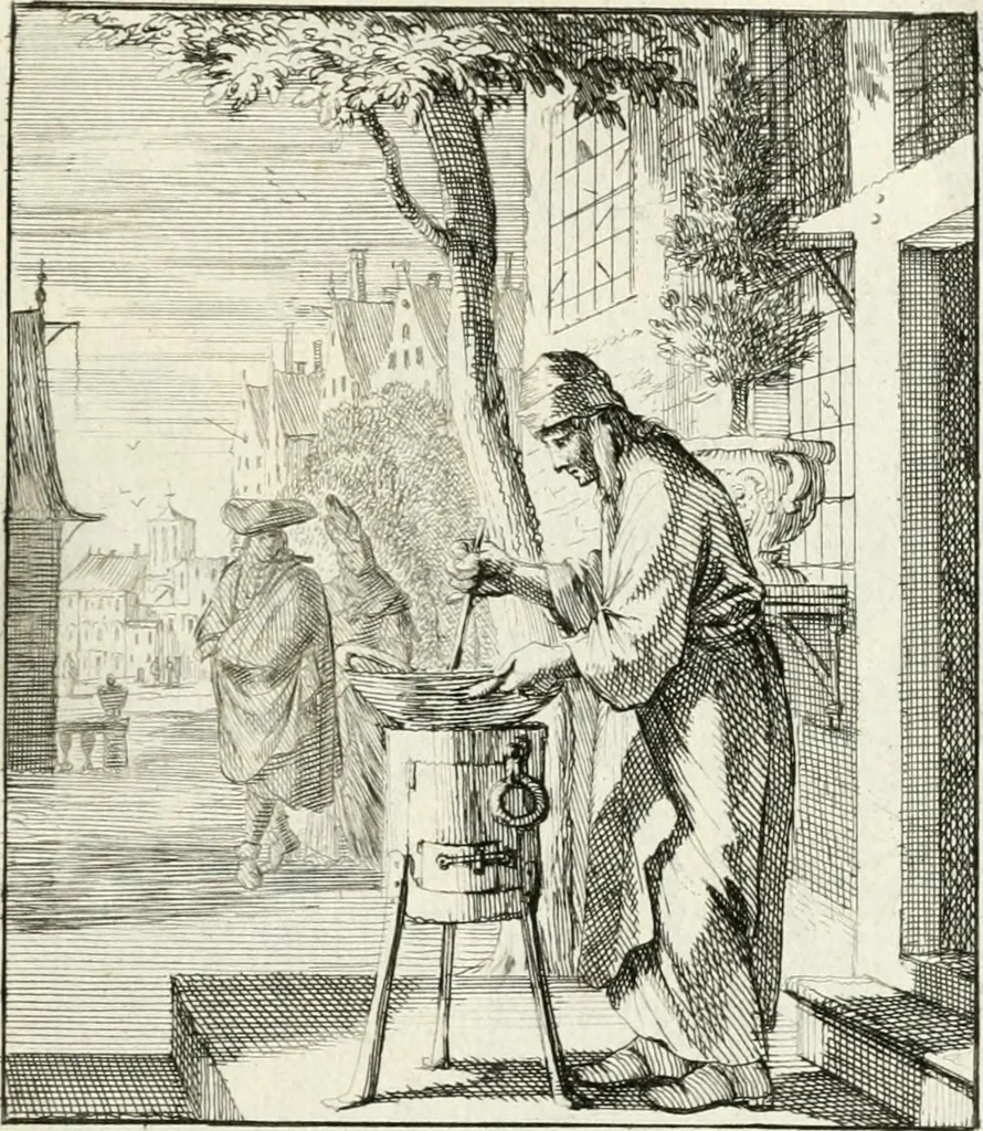 An illustration from Spiegel van 't menschelyk bedryf : vertonende hondert-verscheyde ambagten zeer konstig afgebeeld en met zeer zinryke spreuken en stigtelyke versen verrykt, 1694, leaf 100