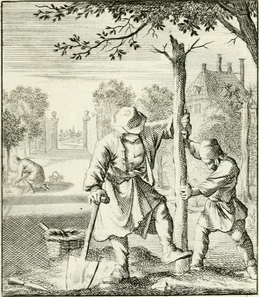 An illustration from Spiegel van 't menschelyk bedryf : vertonende hondert-verscheyde ambagten zeer konstig afgebeeld en met zeer zinryke spreuken en stigtelyke versen verrykt, 1694, leaf 102