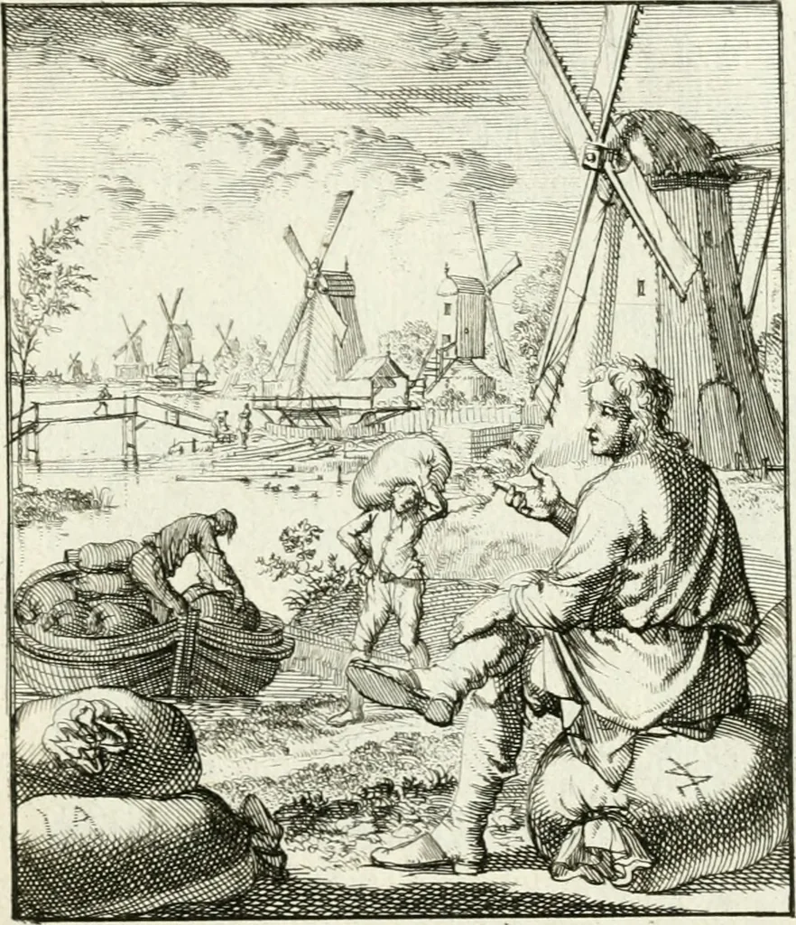 An illustration from Spiegel van 't menschelyk bedryf : vertonende hondert-verscheyde ambagten zeer konstig afgebeeld en met zeer zinryke spreuken en stigtelyke versen verrykt, 1694, leaf 104