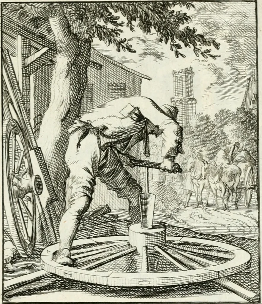 An illustration from Spiegel van 't menschelyk bedryf : vertonende hondert-verscheyde ambagten zeer konstig afgebeeld en met zeer zinryke spreuken en stigtelyke versen verrykt, 1694, leaf 110