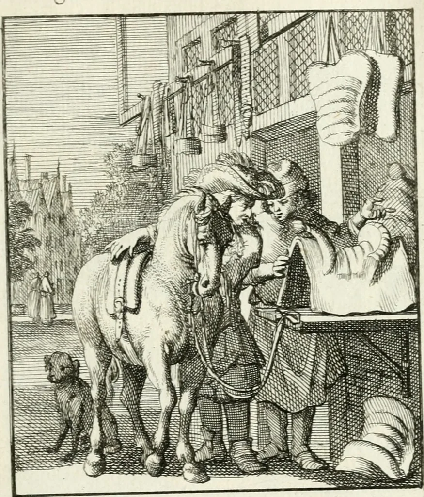 An illustration from Spiegel van 't menschelyk bedryf : vertonende hondert-verscheyde ambagten zeer konstig afgebeeld en met zeer zinryke spreuken en stigtelyke versen verrykt, 1694, leaf 112