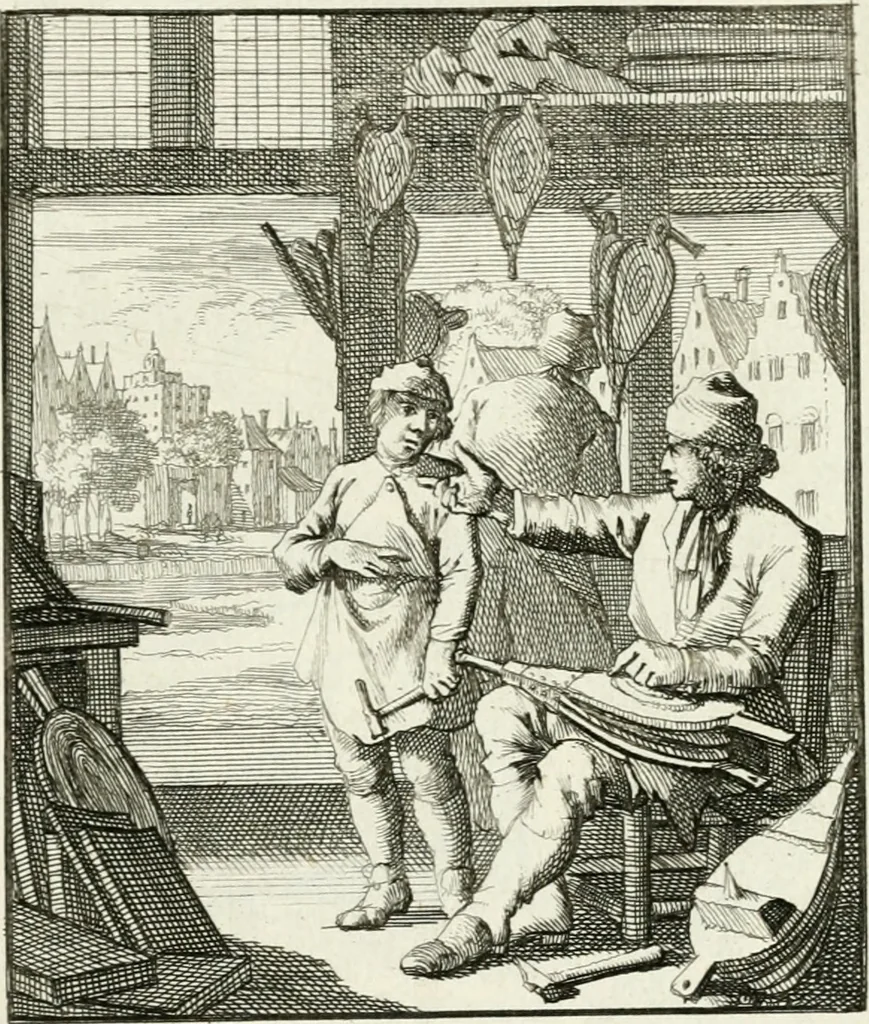 An illustration from Spiegel van 't menschelyk bedryf : vertonende hondert-verscheyde ambagten zeer konstig afgebeeld en met zeer zinryke spreuken en stigtelyke versen verrykt, 1694, leaf 114