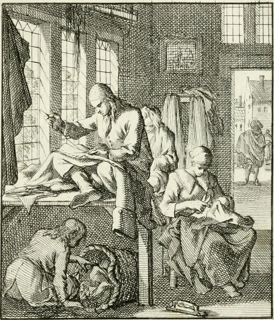 An illustration from Spiegel van 't menschelyk bedryf : vertonende hondert-verscheyde ambagten zeer konstig afgebeeld en met zeer zinryke spreuken en stigtelyke versen verrykt, 1694, leaf 12