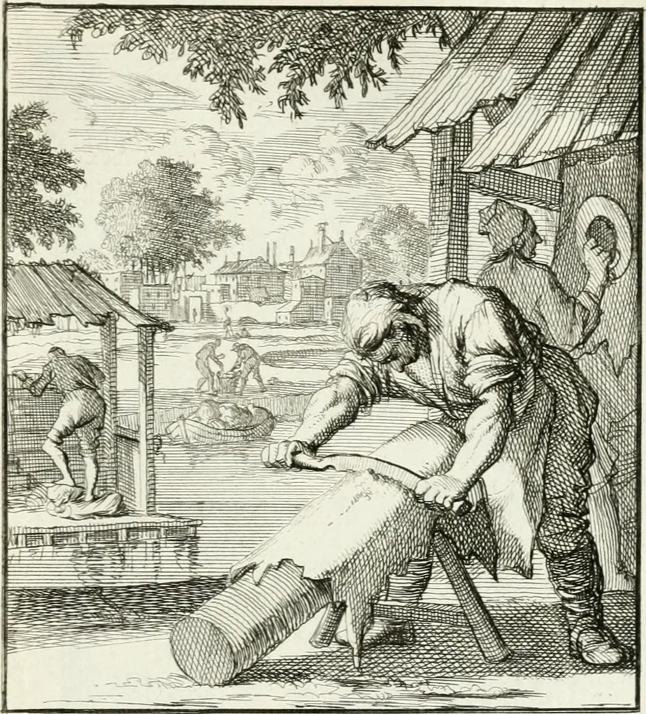 An illustration from Spiegel van 't menschelyk bedryf : vertonende hondert-verscheyde ambagten zeer konstig afgebeeld en met zeer zinryke spreuken en stigtelyke versen verrykt, 1694, leaf 126
