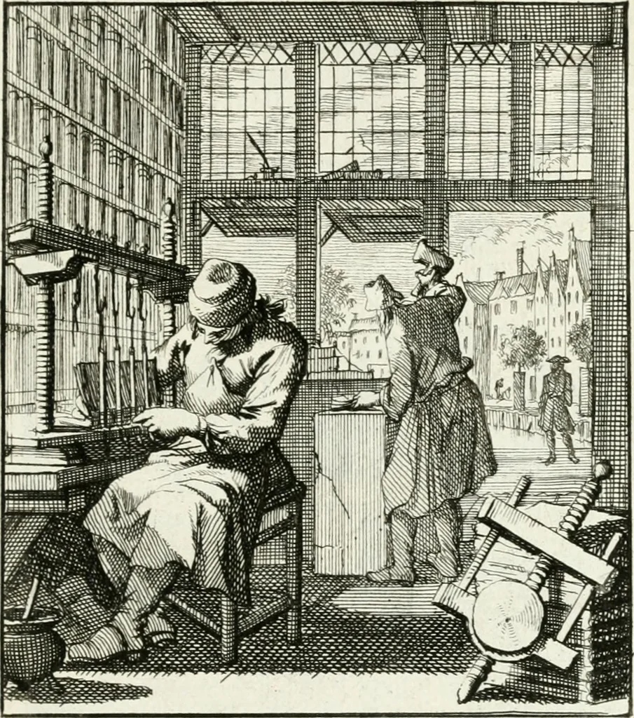 An illustration from Spiegel van 't menschelyk bedryf : vertonende hondert-verscheyde ambagten zeer konstig afgebeeld en met zeer zinryke spreuken en stigtelyke versen verrykt, 1694, leaf 134