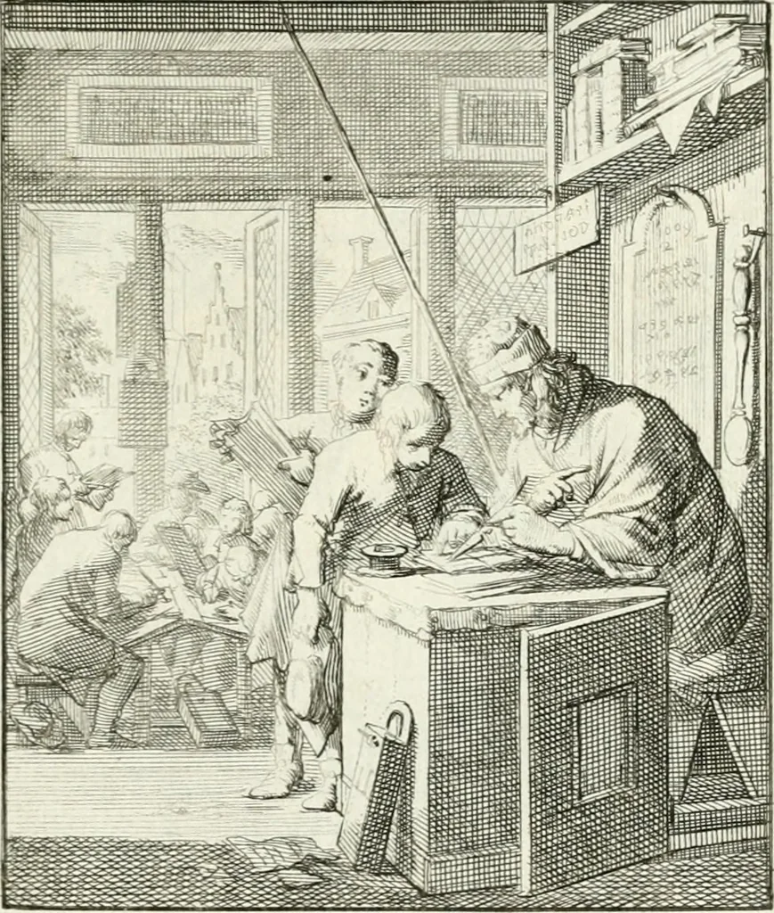 An illustration from Spiegel van 't menschelyk bedryf : vertonende hondert-verscheyde ambagten zeer konstig afgebeeld en met zeer zinryke spreuken en stigtelyke versen verrykt, 1694, leaf 136