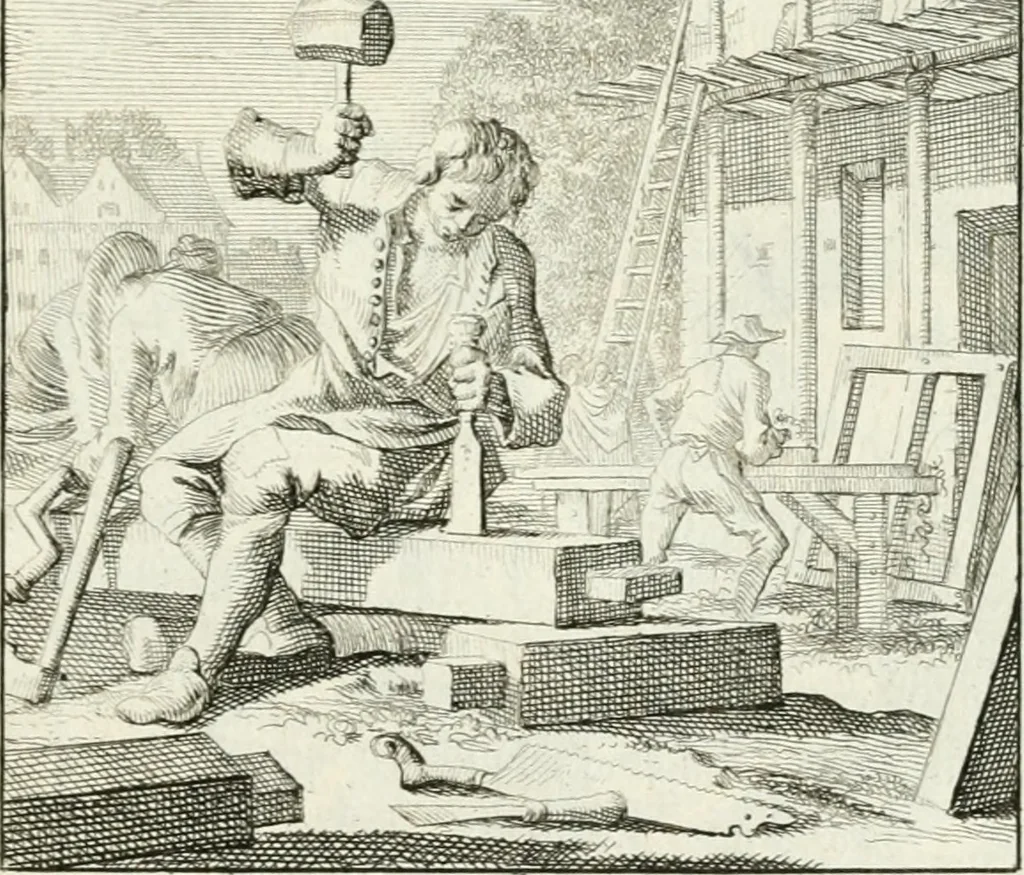 An illustration from Spiegel van 't menschelyk bedryf : vertonende hondert-verscheyde ambagten zeer konstig afgebeeld en met zeer zinryke spreuken en stigtelyke versen verrykt, 1694, leaf 14