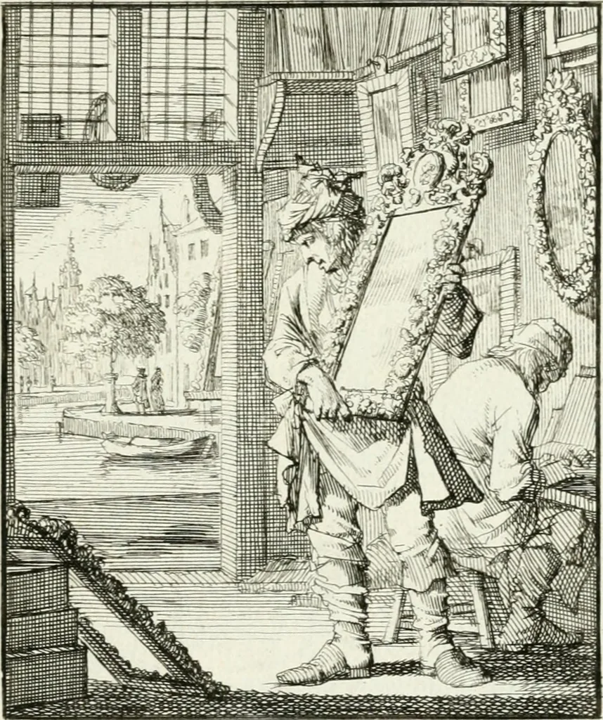 An illustration from Spiegel van 't menschelyk bedryf : vertonende hondert-verscheyde ambagten zeer konstig afgebeeld en met zeer zinryke spreuken en stigtelyke versen verrykt, 1694, leaf 140