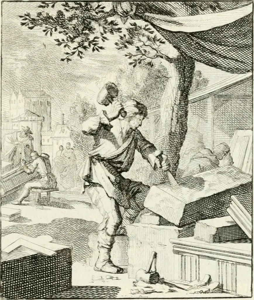 An illustration from Spiegel van 't menschelyk bedryf : vertonende hondert-verscheyde ambagten zeer konstig afgebeeld en met zeer zinryke spreuken en stigtelyke versen verrykt, 1694, leaf 148