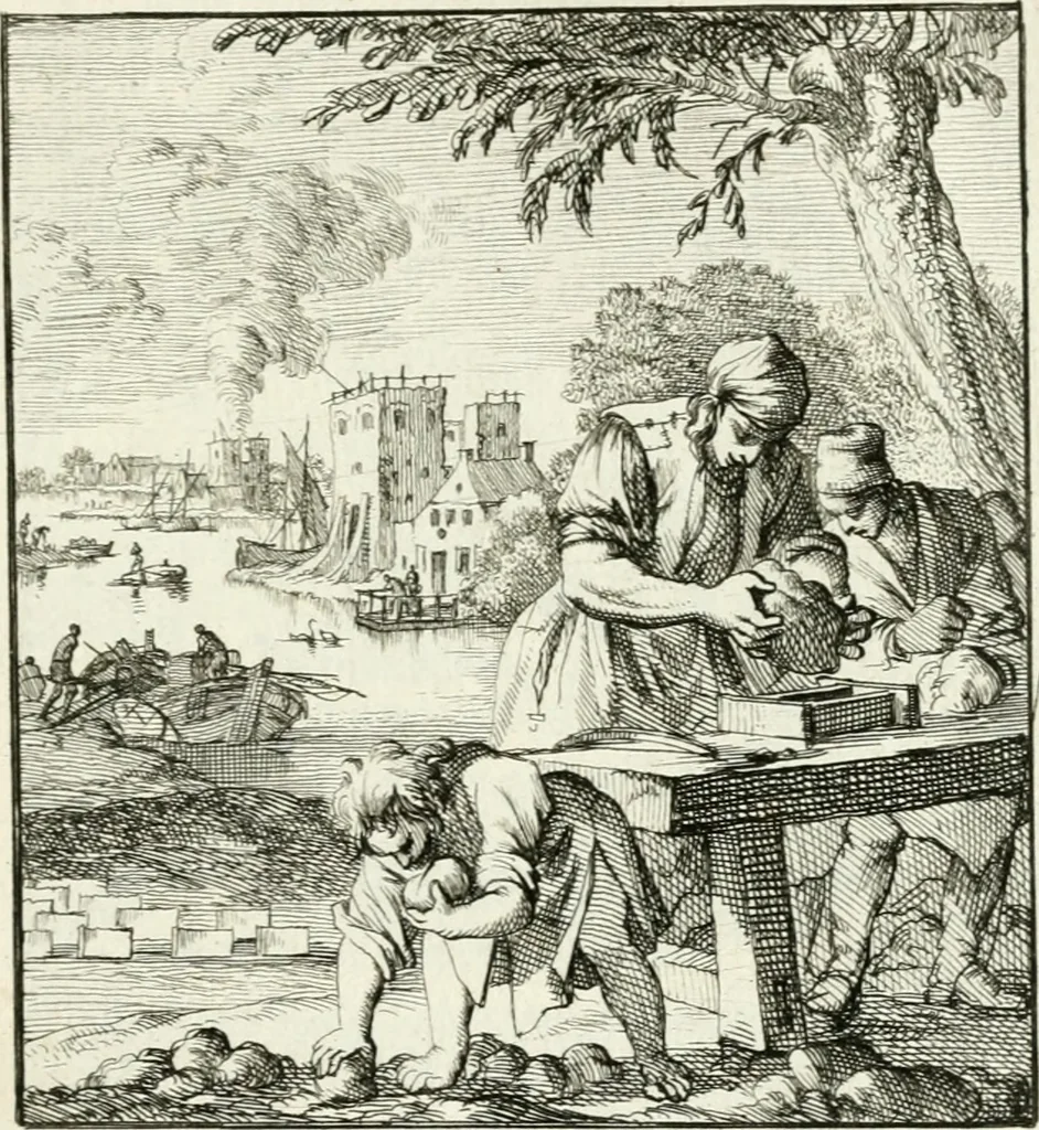 An illustration from Spiegel van 't menschelyk bedryf : vertonende hondert-verscheyde ambagten zeer konstig afgebeeld en met zeer zinryke spreuken en stigtelyke versen verrykt, 1694, leaf 150