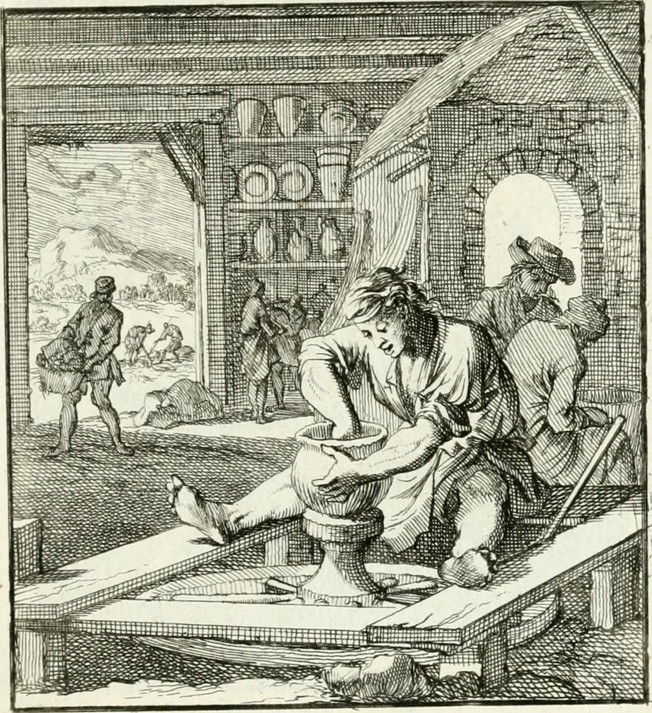 An illustration from Spiegel van 't menschelyk bedryf : vertonende hondert-verscheyde ambagten zeer konstig afgebeeld en met zeer zinryke spreuken en stigtelyke versen verrykt, 1694, leaf 152