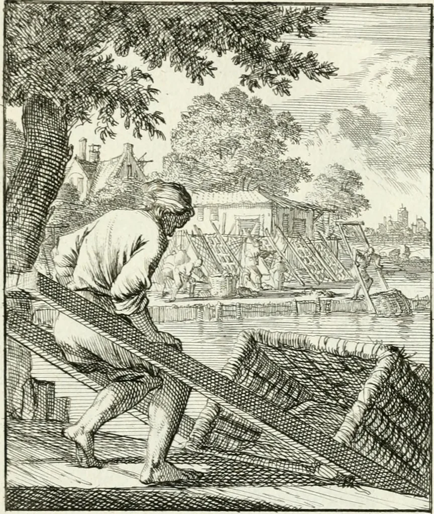 An illustration from Spiegel van 't menschelyk bedryf : vertonende hondert-verscheyde ambagten zeer konstig afgebeeld en met zeer zinryke spreuken en stigtelyke versen verrykt, 1694, leaf 154