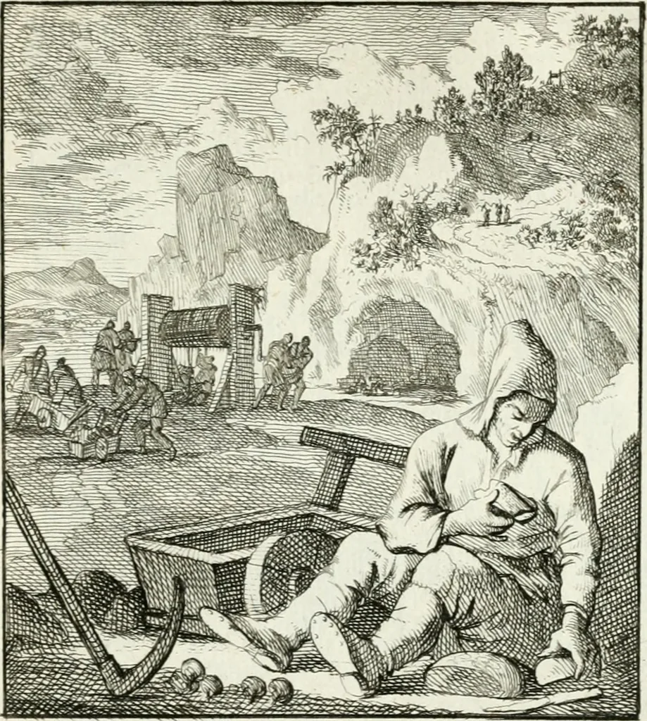 An illustration from Spiegel van 't menschelyk bedryf : vertonende hondert-verscheyde ambagten zeer konstig afgebeeld en met zeer zinryke spreuken en stigtelyke versen verrykt, 1694, leaf 158