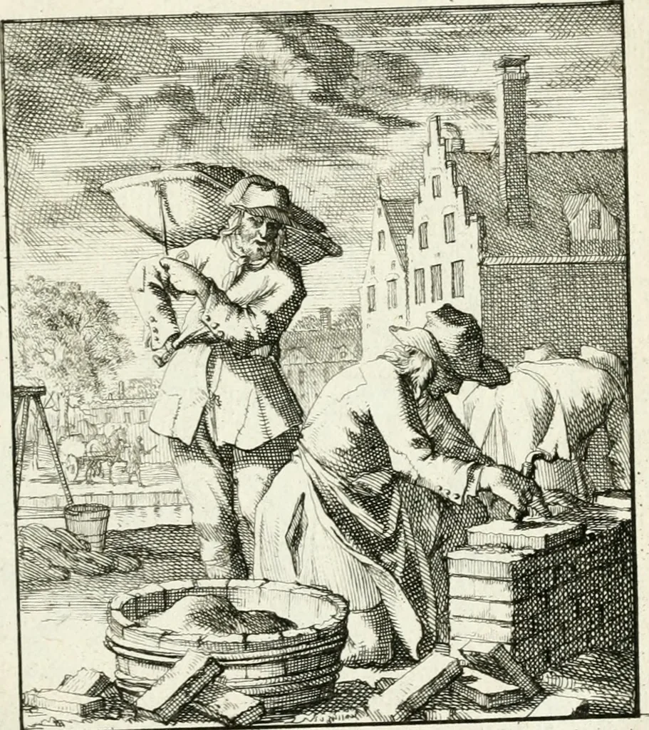 An illustration from Spiegel van 't menschelyk bedryf : vertonende hondert-verscheyde ambagten zeer konstig afgebeeld en met zeer zinryke spreuken en stigtelyke versen verrykt, 1694, leaf 16
