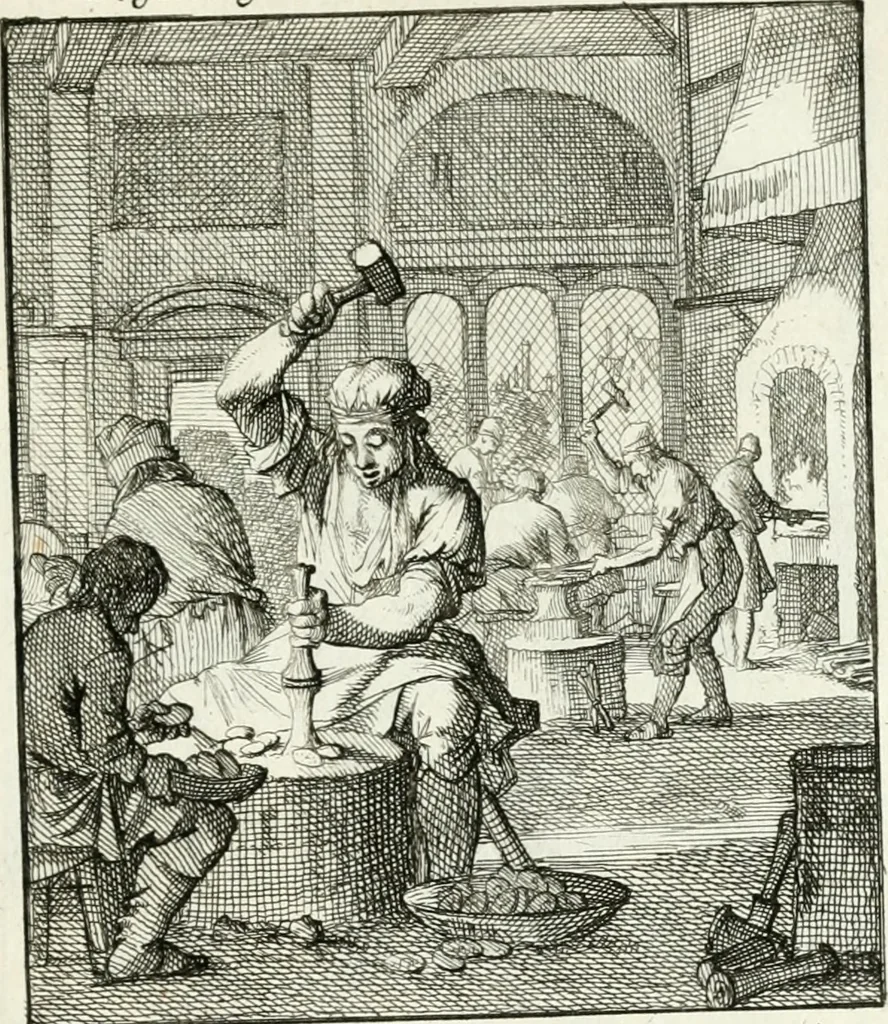An illustration from Spiegel van 't menschelyk bedryf : vertonende hondert-verscheyde ambagten zeer konstig afgebeeld en met zeer zinryke spreuken en stigtelyke versen verrykt, 1694, leaf 160