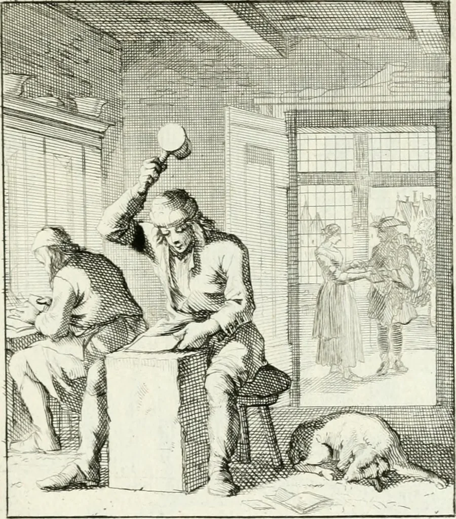 An illustration from Spiegel van 't menschelyk bedryf : vertonende hondert-verscheyde ambagten zeer konstig afgebeeld en met zeer zinryke spreuken en stigtelyke versen verrykt, 1694, leaf 162