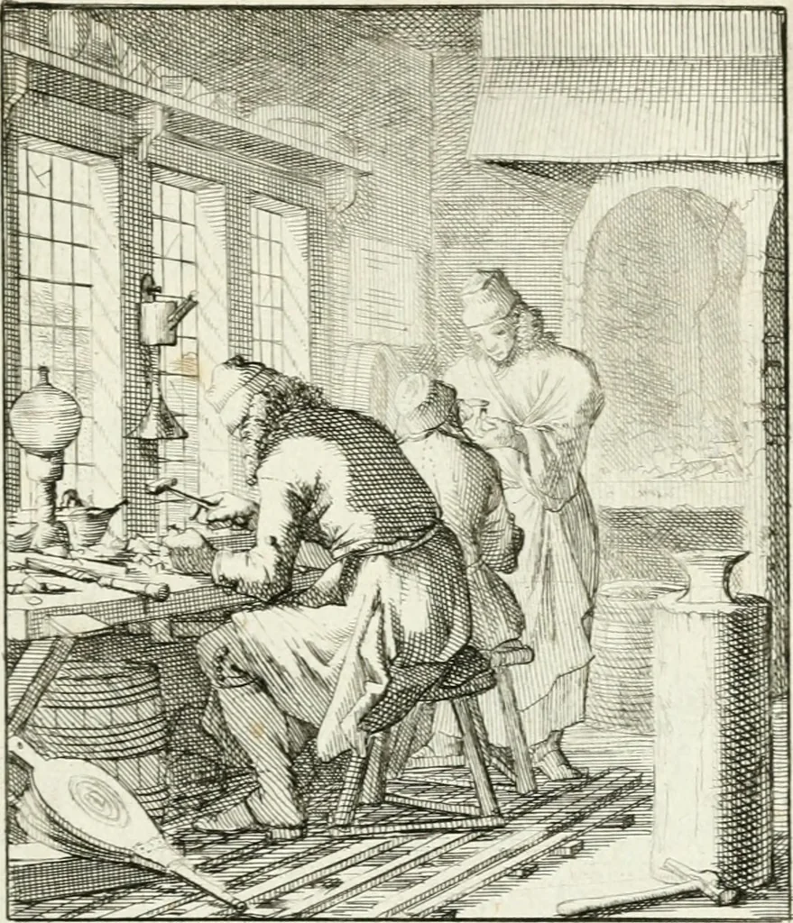 An illustration from Spiegel van 't menschelyk bedryf : vertonende hondert-verscheyde ambagten zeer konstig afgebeeld en met zeer zinryke spreuken en stigtelyke versen verrykt, 1694, leaf 166