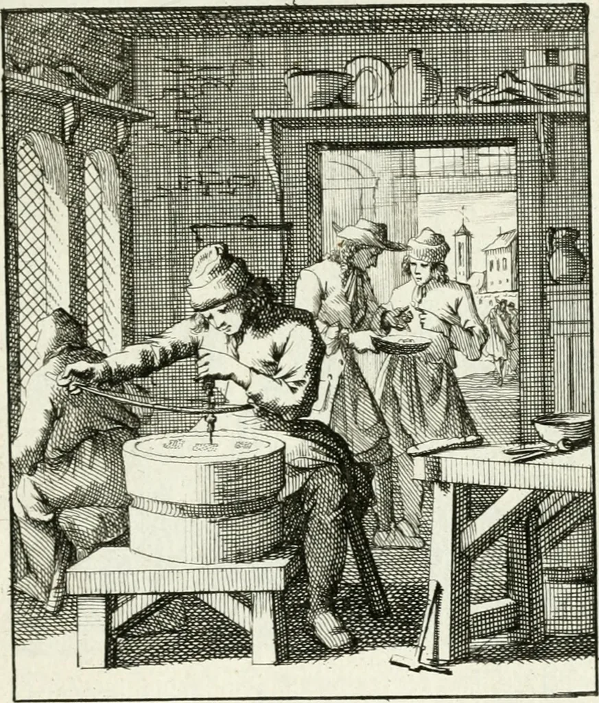 An illustration from Spiegel van 't menschelyk bedryf : vertonende hondert-verscheyde ambagten zeer konstig afgebeeld en met zeer zinryke spreuken en stigtelyke versen verrykt, 1694, leaf 170