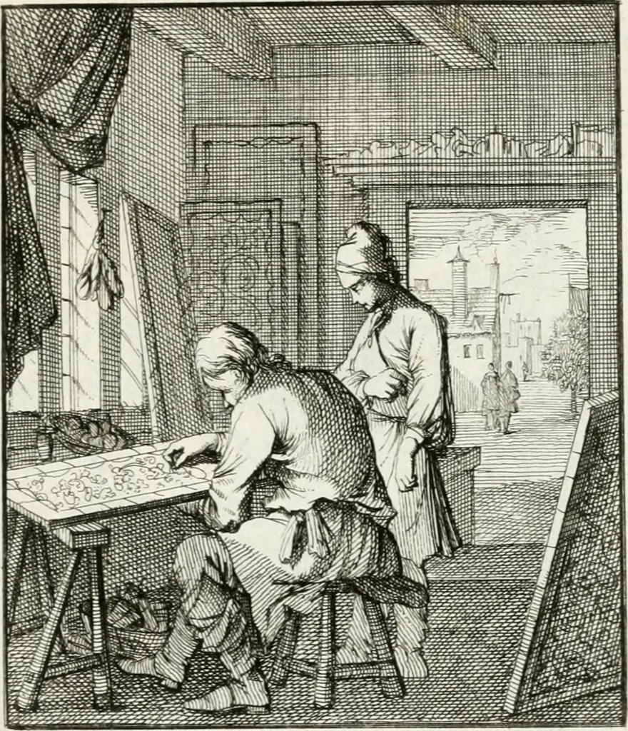 An illustration from Spiegel van 't menschelyk bedryf : vertonende hondert-verscheyde ambagten zeer konstig afgebeeld en met zeer zinryke spreuken en stigtelyke versen verrykt, 1694, leaf 172