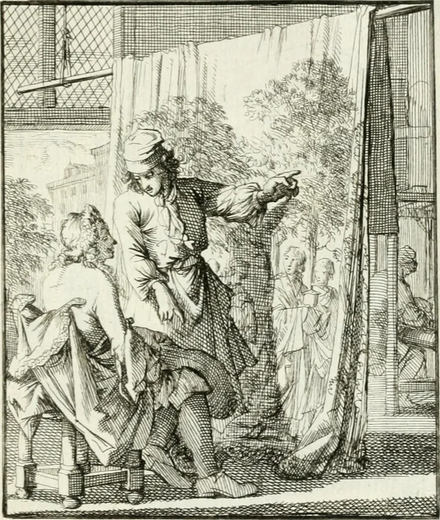 An illustration from Spiegel van 't menschelyk bedryf : vertonende hondert-verscheyde ambagten zeer konstig afgebeeld en met zeer zinryke spreuken en stigtelyke versen verrykt, 1694, leaf 174