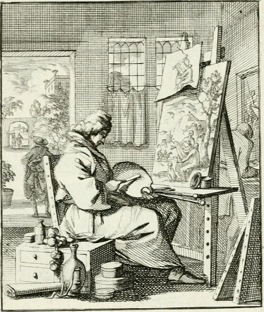 An illustration from Spiegel van 't menschelyk bedryf : vertonende hondert-verscheyde ambagten zeer konstig afgebeeld en met zeer zinryke spreuken en stigtelyke versen verrykt, 1694, leaf 176