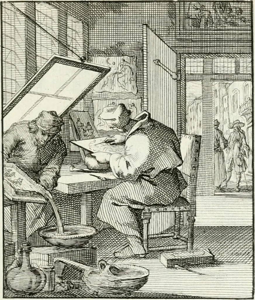 An illustration from Spiegel van 't menschelyk bedryf : vertonende hondert-verscheyde ambagten zeer konstig afgebeeld en met zeer zinryke spreuken en stigtelyke versen verrykt, 1694, leaf 178
